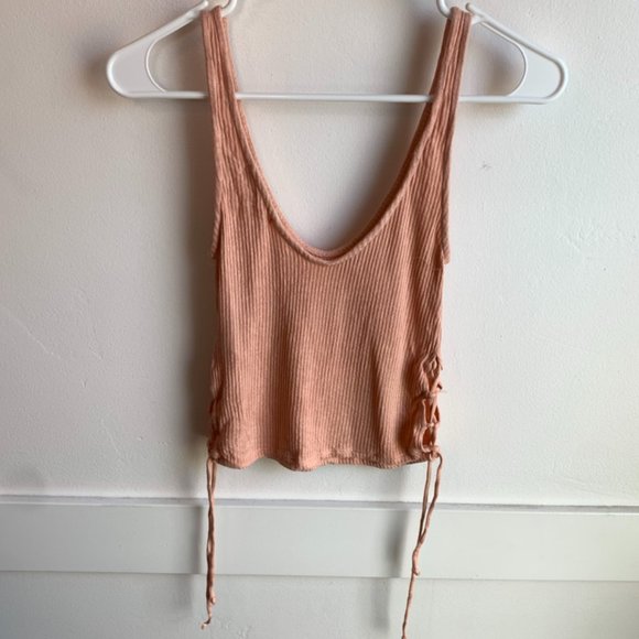Urban Outfitters Peach Ribbed Lace Up Side Cropped Tank Top - Picture 2 of 8